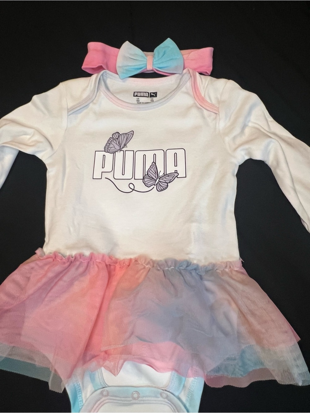 Puma Toddler White Bodysuit with Pink and Blue Ombre Tutu & Matching Headband.